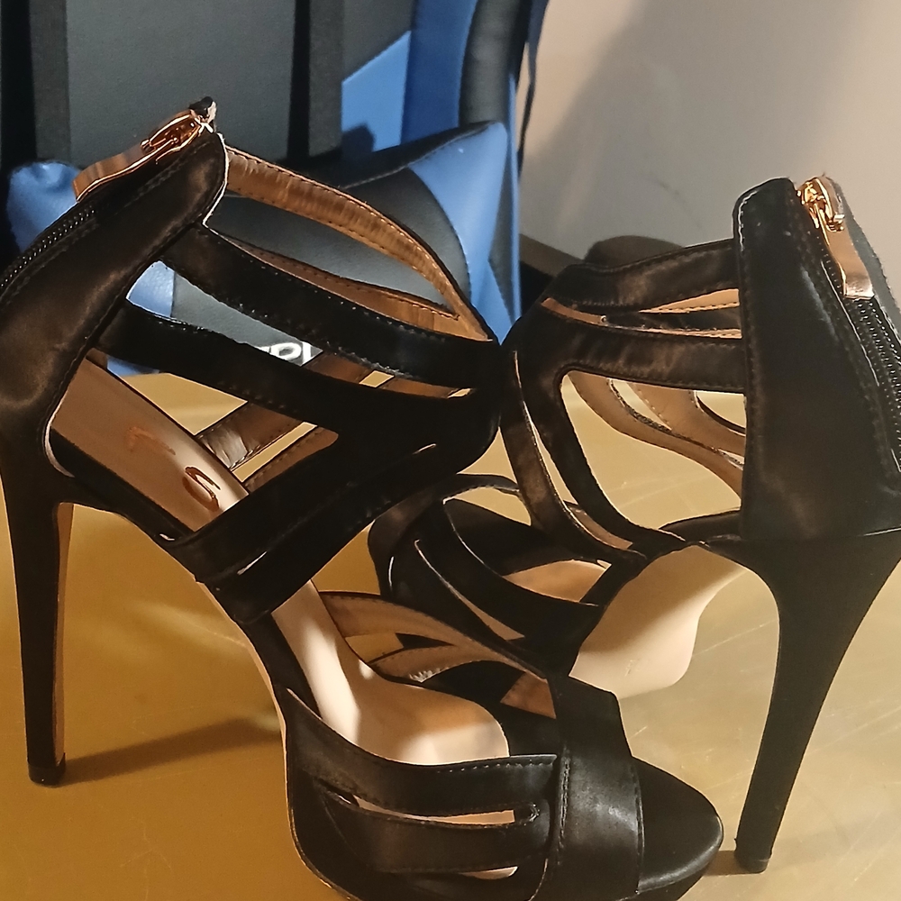 FSJ Black Strappy Heels with Gold Accents